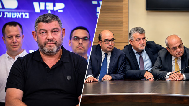 אחמד טיבי, יוסף ג'אברין וסאמי אבו שחאדה, עופר וינטר (צילום: אבשלום ששוני,הרשימה המשותפת)