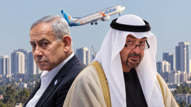 מוחמד בן זאיד, בנימין נתניהו על רקע מטוס פליי דובאי (צילום: פלאש 90,משה שי, פלאש 90,יונתן זינדל, פלאש 90,בינה מלאכותית ושיפור צילום)