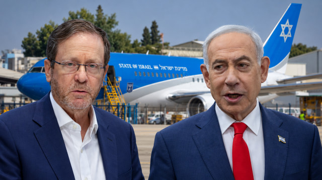 בנימין נתניהו ויצחק הרצוג על רקע מטוס "כנף ציון" (צילום: אוליבייה פיטוסי פלאש 90 ,יונתן שאול, פלאש 90,חיים גולדברג פלאש 90)