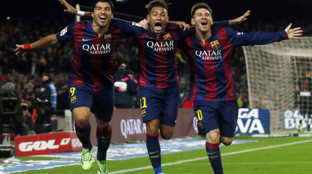 מסי, ניימאר וסוארס חוגגים (צילום: רויטרס)