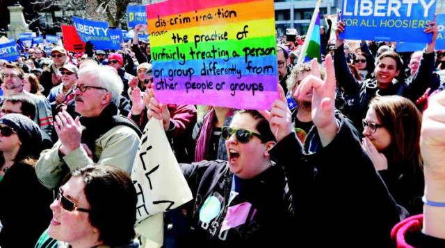 הפגנה נגד חוק חופש הדת באינדיאנה (צילום: רויטרס)