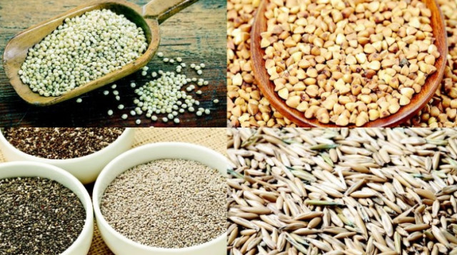 משמאל למעלה בכיוון השעון: סורגום, כוסמת, שיבולת שועל, צ'יה (צילום: ingimage/ASAP)