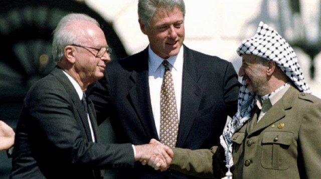 מאז הסכם אוסלו כל ראשי הממשלה תמכו בפתרון שתי המדינות. רבין קלינטון ועראפת (צילום: רויטרס)