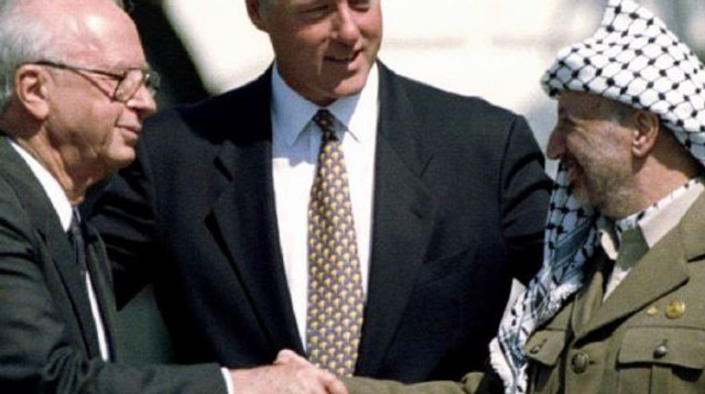 מאז הסכם אוסלו כל ראשי הממשלה תמכו בפתרון שתי המדינות. רבין קלינטון ועראפת (צילום: רויטרס)