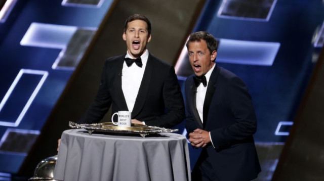 טקס פרסי האמי 2015, אנדי סמברג וסת' מאיירס (צילום: רויטרס)