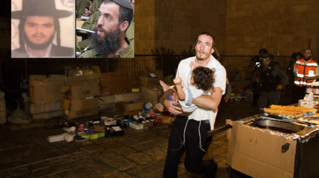 ההרוגים מפיגוע הירי בשער האריות בירושלים, על רקע אדם המציל תינוקת בזירה (צילום: יונתן זינדל, פלאש 90)