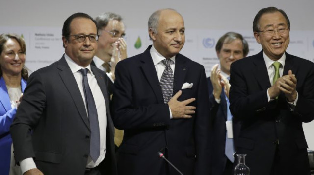 לורן פביוס, פרנסואה הולנד ובאן קי מון בוועידת האקלים (צילום: רויטרס)