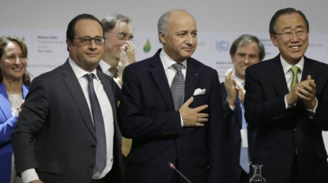 באן קימ מון, לורן פביוס ופרנסואה הולנד בוועידת האקלים (צילום: רויטרס)