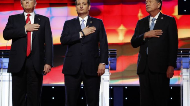 מימין: ג'ון קייסיק, טד קרוז ודונלד טראמפ באחד העימותים ביניהם (צילום: רויטרס)