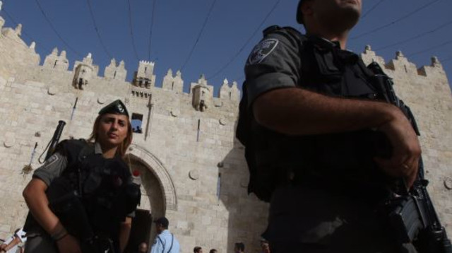 שוטרים מאבטחים את צעדת הדגלים (צילום: מרק ישראל סלם)