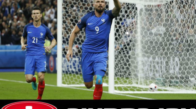 אוליבייה ז'ירו חוגג במפגש מול איסלנד (צילום: רויטרס)