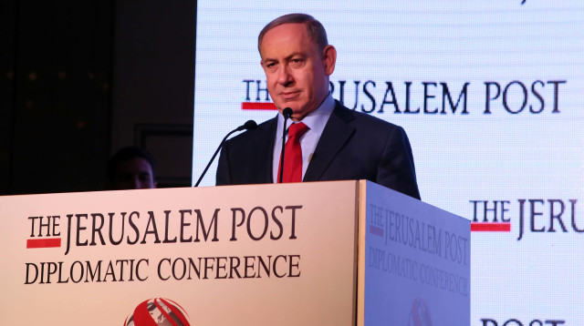 בנימין נתניהו ורונית חסין הוכמן, כנס הדיפלומטים של הג'רוזלם פוסט (צילום: סיון פרג')