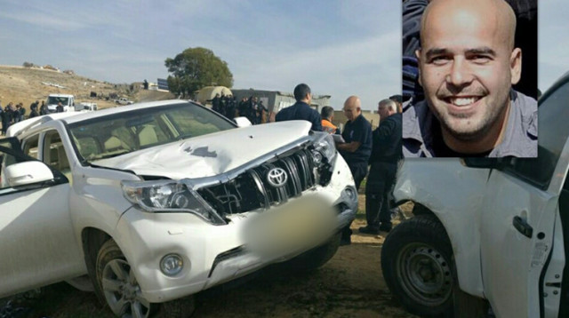 זירת פיגוע הדריסה שהתרחש הבוקר באום אל חיראן, בו נרצח רס"מ ארז (עמדי) לוי ז"ל (צילום: דוברות המשטרה)