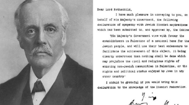 הלורד ארתור בלפור על רקע הצהרת בלפור (צילום: ויקימדיה)