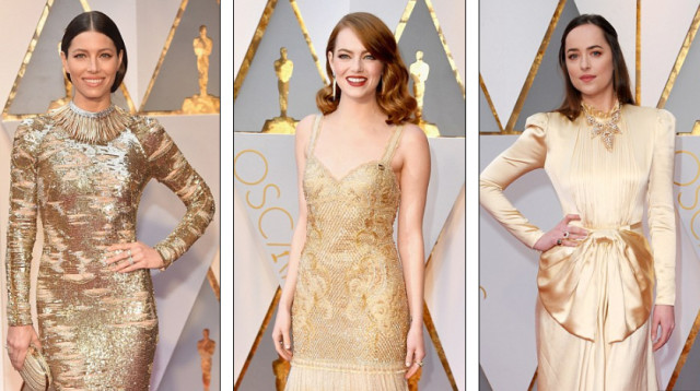 דקוטה ג'ונסון, אמה סטון וג'סיקה ביל (צילום: רויטרס)