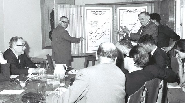 נגיד בנק ישראל בשנות ה־60 דוד הורוביץ (עומד מימין) מעביר סקירה למשלחת אירופית (צילום: לע"מ)