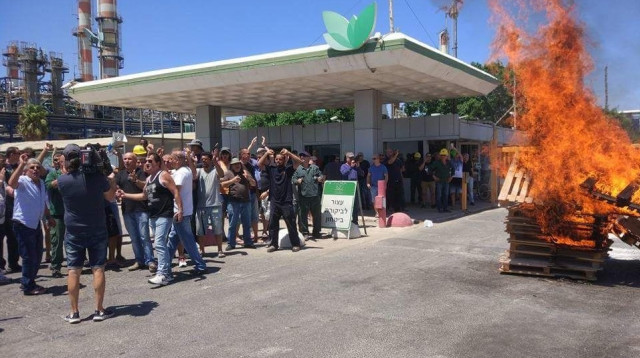 עובדי חיפה כימיקלים דרום מפגינים במפעל (צילום: ועד העובדים של חיפה כימיקלים)