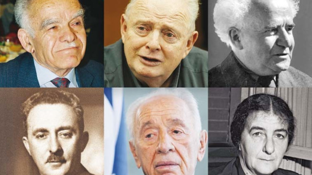 שמעון פרס, יצחק שמיר , דוד בן־גוריון, גולדה מאיר, טומי לפיד ומשה שרת (צילום: פלאש 90)