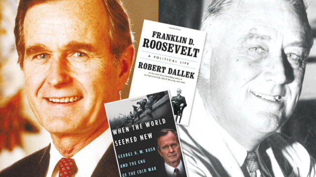 ג'ורג' בוש ופרנקלין רוזוולט, בקטן: כריכות הביוגרפיות של בוש ורוזוולט (צילום: Getty images)