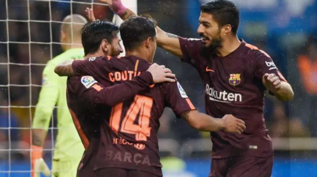 ליאו מסי, לואיס סוארס, פיליפה קוטיניו  (צילום: AFP)