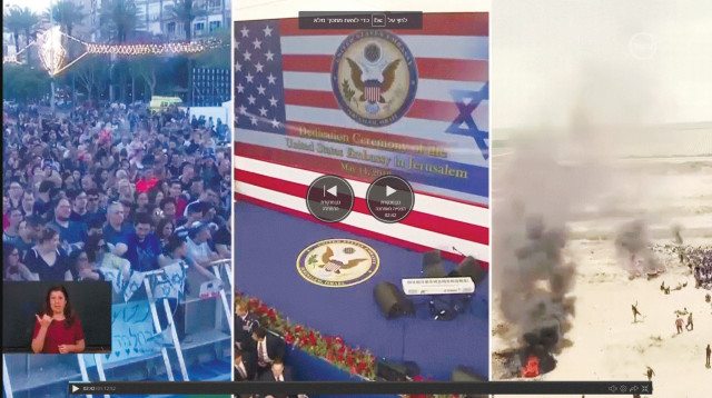 העימותים ברצועה, העברת השגרירות ונטע ברזילי בכיכר. המסך המפוצל של ערוץ 10 (צילום: צילום מסך ערוץ 10)