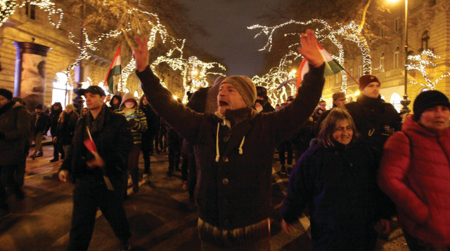 הפגנה בהונגריה (צילום: AFP)