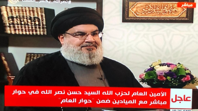 חסן נסראללה בראיון באל מיאדין (צילום: מתוך שידורי ערוץ אל-מיאדין)