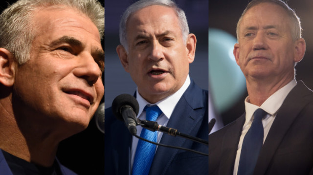 בני גנץ, בנימין נתניהו, יאיר לפיד (צילום: פלאש 90)