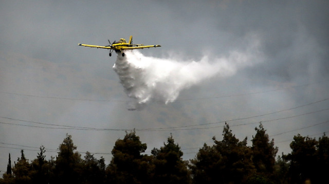 מטוס כיבוי בשריפה בקיבוץ הראל (צילום: פלאש 90)
