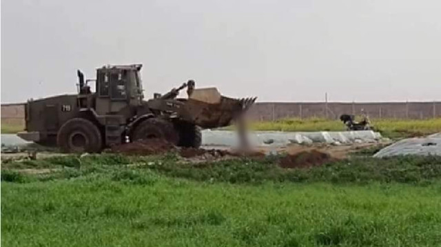 דחפור של צה"ל מרים את גופת המחבל בגבול הרצועה (צילום: רשתות ערביות)