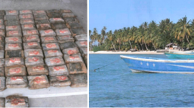 הסירה ומשלוח הסמים שנמצאו בחופי איי מרשל (צילום: Marshall Islands Police Department)