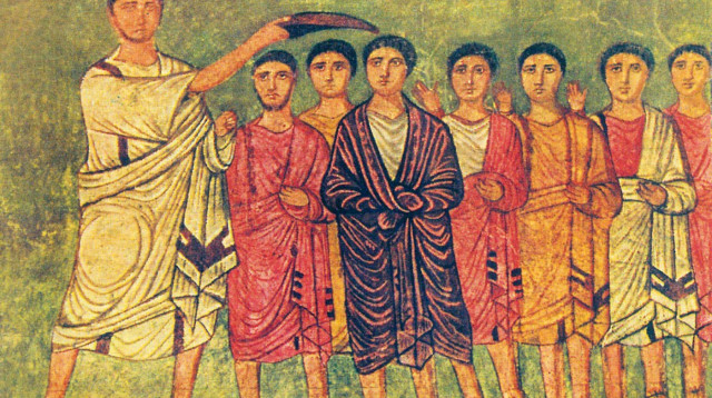 דוד לבוש ארגמן במועד משיחתו למלכות על ידי שמואל פסיפס בית הכנסת בדורה אירופוס, סוריה (צילום: Yale Gilman collection)