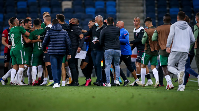 שחקני מכבי חיפה והפועל חיפה בקטטה (צילום: מאור אלקסלסי)