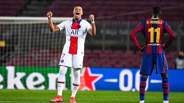 קיליאן אמבפה חוגג, עוסמאן דמבלה מאוכזב (צילום: Baptiste Fernandez/Icon Sport via Getty Images)