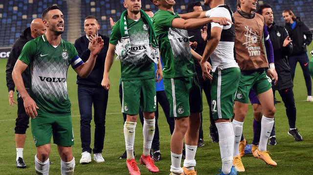 שחקני מכבי חיפה חוגגים (צילום: ברני ארדוב)