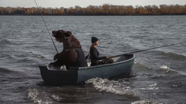 ורוניקה וארצ'י הדוב דגים יחד באגם (צילום: רויטרס)