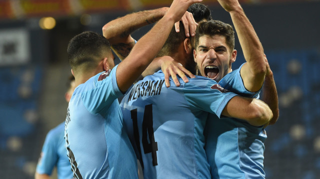 שוב חוגגים נגד אוסטריה. נבחרת ישראל (צילום: ברני ארדוב)