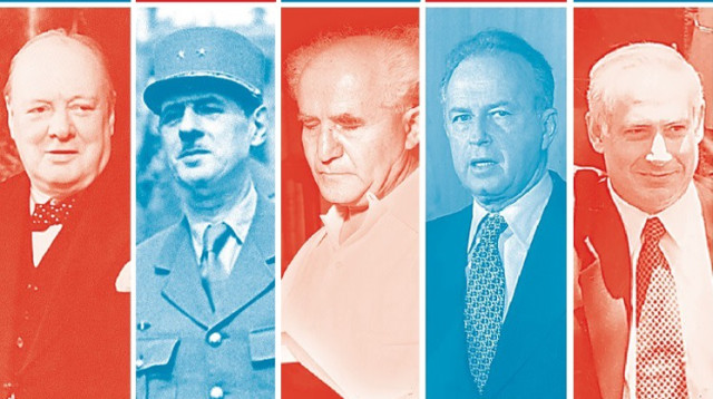 נתניהו, רבין, בן גוריון, דה גול, צ'רצ'יל (צילום: נאור רהב,משה מילנר, לע"מ,אלדן דוד לע"מ,Topical Press Agency/GettyImages)
