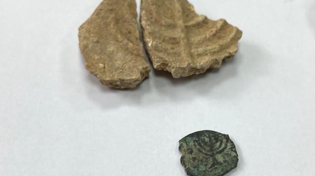 מטבע עם תבליט מנורה מתקופת החשמונאים (צילום: דוברות המשטרה)