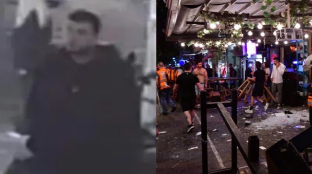 מימין: זירת הפיגוע בבר בתל אביב, משמאל: האדם החשוד כמחבל (צילום: אבשלום ששוני,משטרת ישראל)