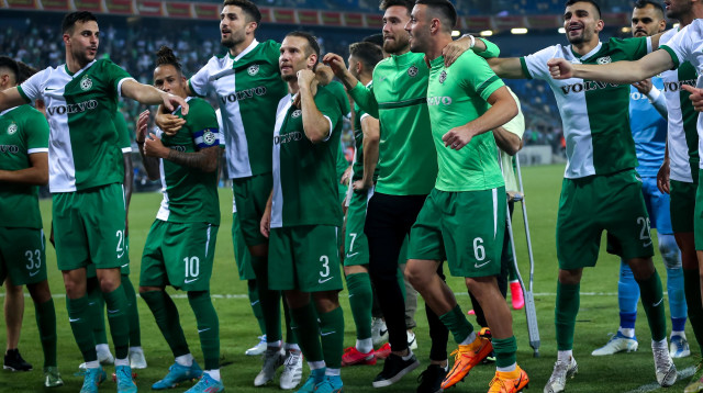 שחקני מכבי חיפה חוגגים (צילום: מאור אלקסלסי)