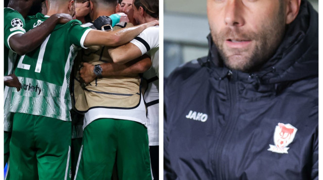 דושאן מאטוביץ' לצד שחקני מכבי חיפה (צילום: מערכת וואלה! NEWS, דורון שיינר)