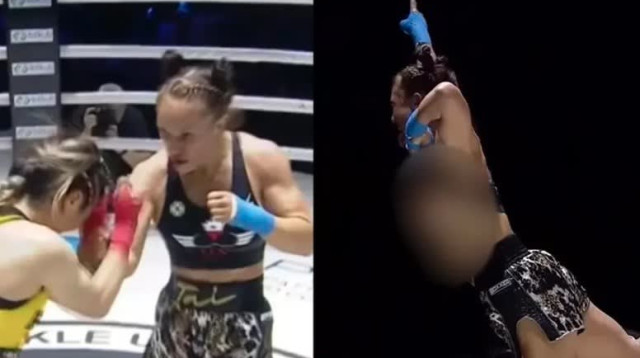 המתאגרפת חגגה ניצחון בקרב, וחשפה את החזה לעיני הקהל ההמום (צילום: צילום מסך, טוויטר)