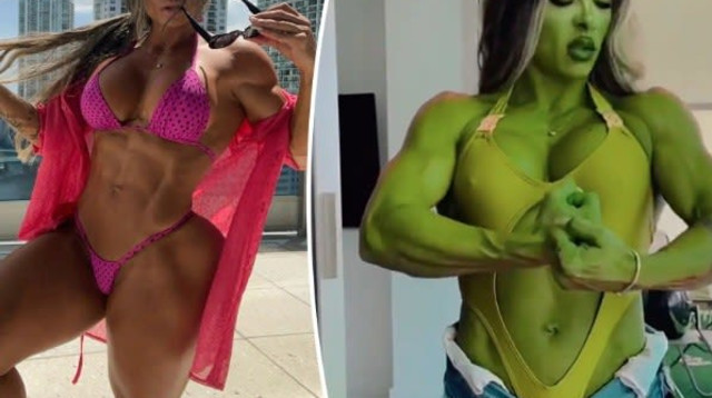 מפתחת השרירים פאפא אראוג'ו בדמותה של "שי האלק", הענקית הירוקה של דיסני (צילום: אתר רשמי, אינסטגרם, fafafitness11)