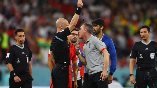 השופט האנגלי אנתוני טיילור מרחיק את פאולו בנטו מאמן דרום קוריאה (צילום: רויטרס)