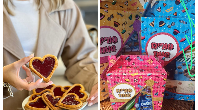 מימין משלוח מנות של עמותת עדי. משמאל לבבות אסתר של רולדין (צילום: רונן מנגן,עמותת עדי)