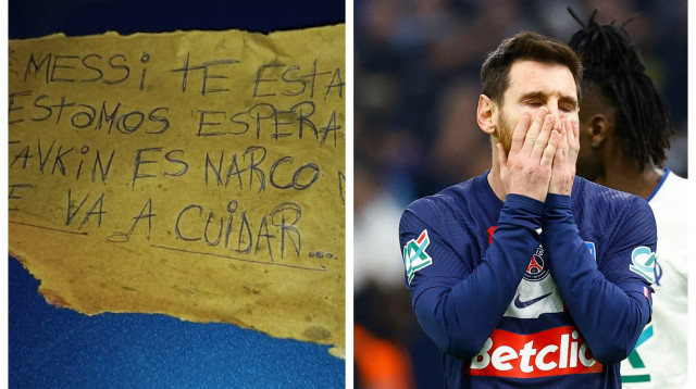 מפוצלת ליאונל מסי עם פתק מאיים נגדו (צילום: מערכת וואלה!, עיבוד תמונה)