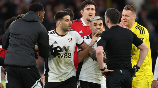 אלכסנדר מיטרוביץ' פולהאם לצד השופט כריס קבאנה (צילום: GettyImages)