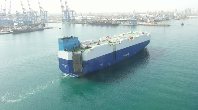 אוניית הגלנוע Gold Star Line של צים בנמל אשדוד (צילום: דוברות נמל אשדוד)