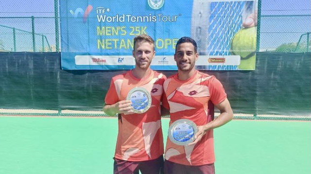 המנצחים בטורניר הזוגות בפיוצ'ר נתניה. לשם וצוקרמן (צילום: אתר רשמי, איגוד הטניס בשיראל)